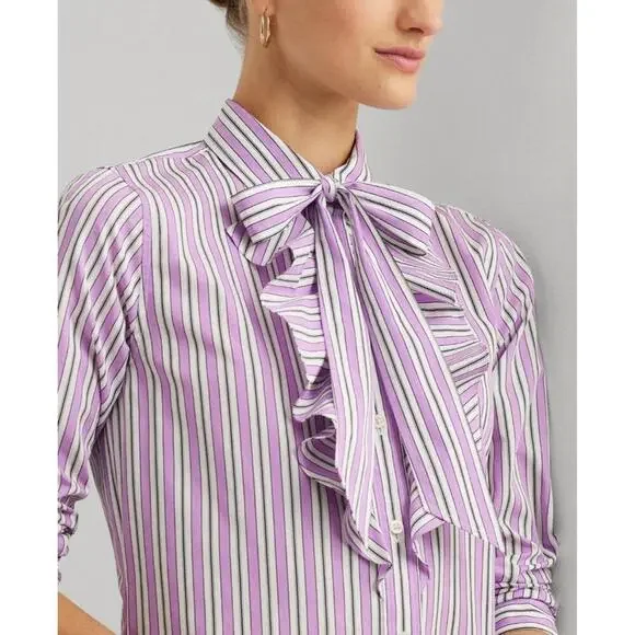 165$ Lauren Ralph Lauren Striped Broadcloth Tie-Neck Shirtdress Size 4 Purple - Picture 3 of 3